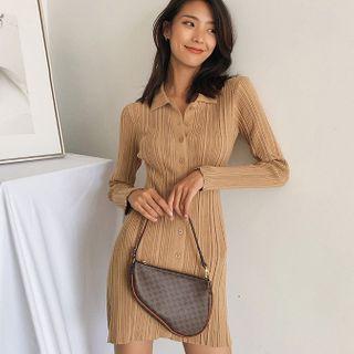 Plain Striped Knit Long-sleeve Skinny Dress