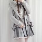 Frilled Blouse / Mini Pleated Skirt / Hooded Jacket / Set