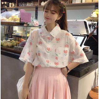 Floral Elbow-sleeve Shirt / Pleated Mini Skirt
