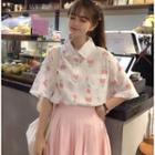 Floral Elbow-sleeve Shirt / Pleated Mini Skirt