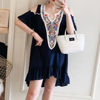 Short-sleeve Cold-shoulder Embroidered Dress