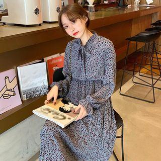 Dotted Long-sleeve A-line Dress / V-neck Vest