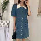 Short-sleeve Denim Button-up Dress Blue - One Size