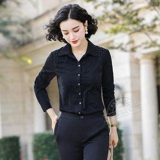 Long-sleeve Embellished Shirt / Boot-cut Dress Pants / Set