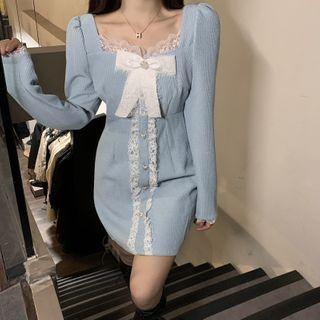 Square Neck Lace Trim Ribbon-accent Dress