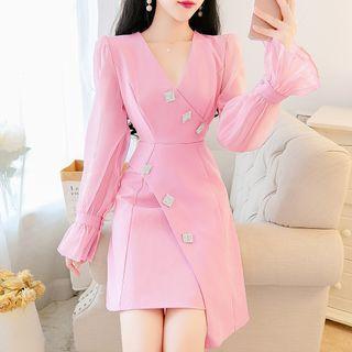Puff-sleeve V-neck Asymmetric Sheath Dress