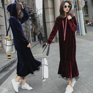 Mesh Hem Velvet Long Sleeve Hooded Dress