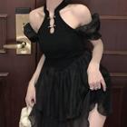 Short-sleeve Off-shoulder Mini A-line Dress Black - One Size