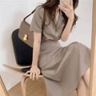 Short-sleeve Notch Lapel Shirt / Midi A-line Skirt
