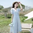 Puff Sleeve V-neck Ruffled Frog Button A-line Dress