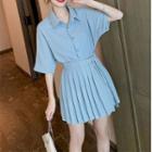 Set: Short-sleeve Chiffon Shirt + Pleated A-line Mini Skirt