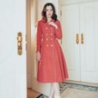 Double-breasted Long-sleeve Midi A-line Coat Dress