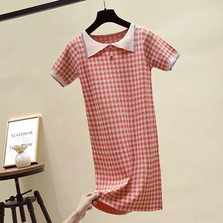 Houndstooth Short-sleeve Knit Dress