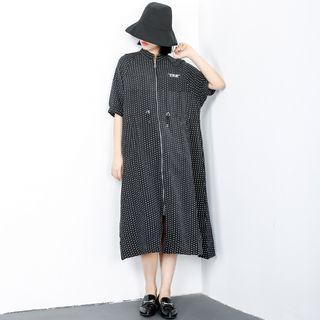 Elbow-sleeve Zip-front Midi Dress White Dotted - Black - One Size