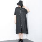 Elbow-sleeve Zip-front Midi Dress White Dotted - Black - One Size