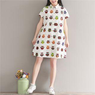 Short-sleeve Owl Print Shirt Dress