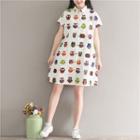 Short-sleeve Owl Print Shirt Dress