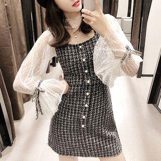 Set: Lace Long-sleeve Top + Strappy A-line Dress