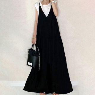 Plain Maxi Overall Dress Black - One Size