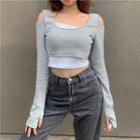 Mock Two Piece Long-sleeve Color-block Cropped T-shirt