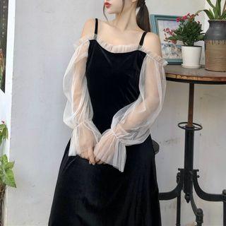 Off Shoulder Long-sleeve A-line Dress Black - One Size