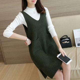Pocketed V-neck Knit Tank Dress