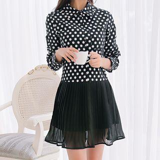Dotted Collared Long Sleeve Dress