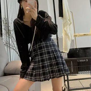 Camisole Top / Tie-strap Cardigan / Plaid Mini A-line Skirt / Set