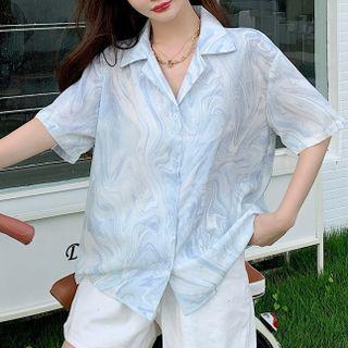 Elbow-sleeve Open-collar Tie-dye Shirt