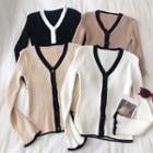 Color-block Trim Long-sleeve Rib-knit Cardigan