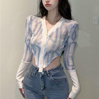 Long-sleeve Asymmetrical Crop Top White & Blue - One Size