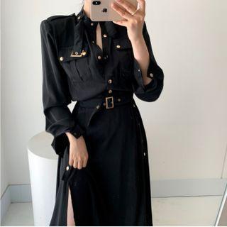 Long-sleeve Buckled Slit Maxi Shirt Dress