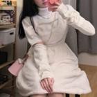 Bow Accent Cutout Fluffy A-line Overall Dress / Short-sleeve Turtleneck Top