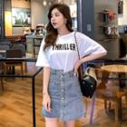 Set: Short-sleeve Lettering T-shirt + Asymmetric Washed Denim Pencil Skirt