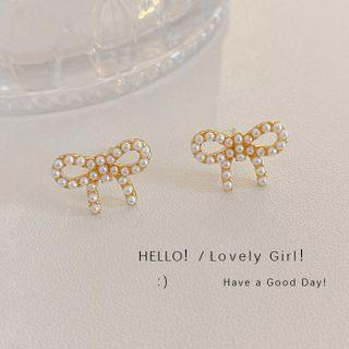 Bow Faux Pearl Alloy Earring A324 - 1 Pair - Gold - One Size