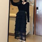 Long-sleeve Lace Trim Midi Mesh Layered Dress Black - One Size