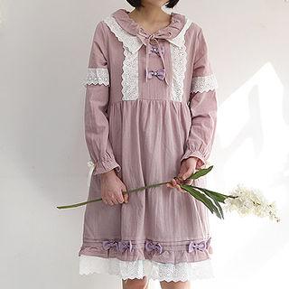 Collared Beribboned Lace-trim Dress