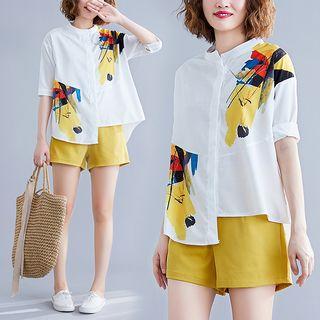 Set : Print Asymmetrical Shirt + Plain Shorts