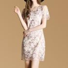 Set: Embroidered Short-sleeve Chiffon Dress + Spaghetti Strap Dress