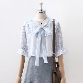 Striped Ruffle Trim Tie-neck Elbow-sleeve Blouse