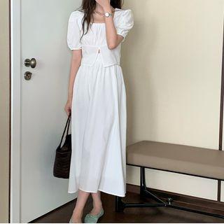 Set: Puff-sleeve Square-neck Plain Cropped Top + Plain A-line Midi Skirt
