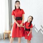 Family Matching Short-sleeve Mandarin Collar A-line Dress / Floral Embroidered Belt / Set
