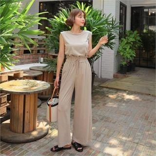 Set: Tank Top + Paperbag-waist Wide-leg Pants
