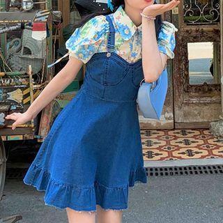 Puff-sleeve Floral Shirt / Denim Mini Overall Dress