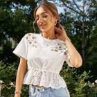 Short-sleeve Floral Embroidered Eyelet Lace Peplum Top