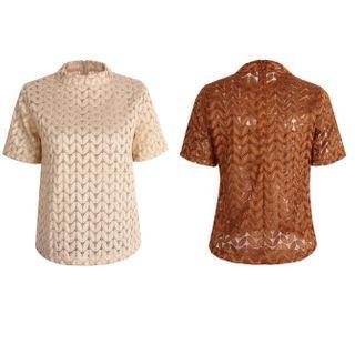 Short-sleeve Leaf Embroidery Blouse