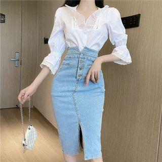 Ruffle Blouse / Midi Fitted Denim Skirt