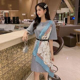 Elbow-sleeve Asymmetric Paneled A-line Dress