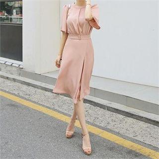 Bell-sleeve Slit-hem Sheath Dress With Belt