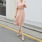 Bell-sleeve Slit-hem Sheath Dress With Belt